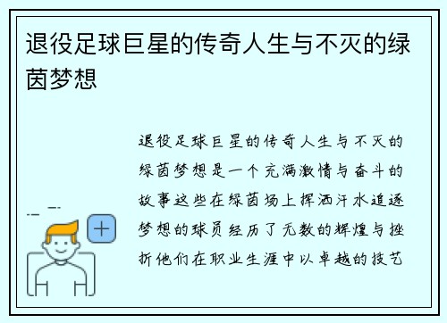 退役足球巨星的传奇人生与不灭的绿茵梦想